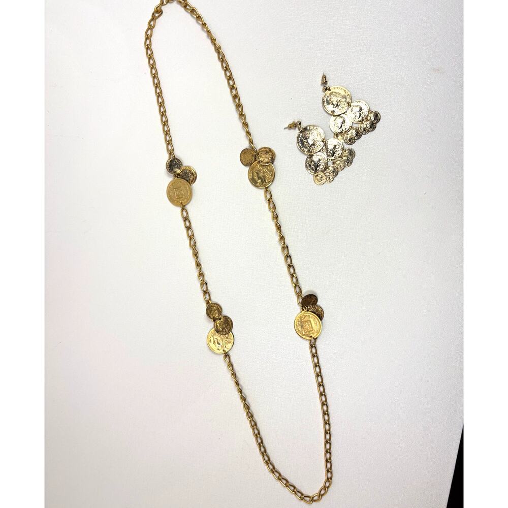 VTG Gold Tone French Coin Necklace & Pierced Earrings Set Boho